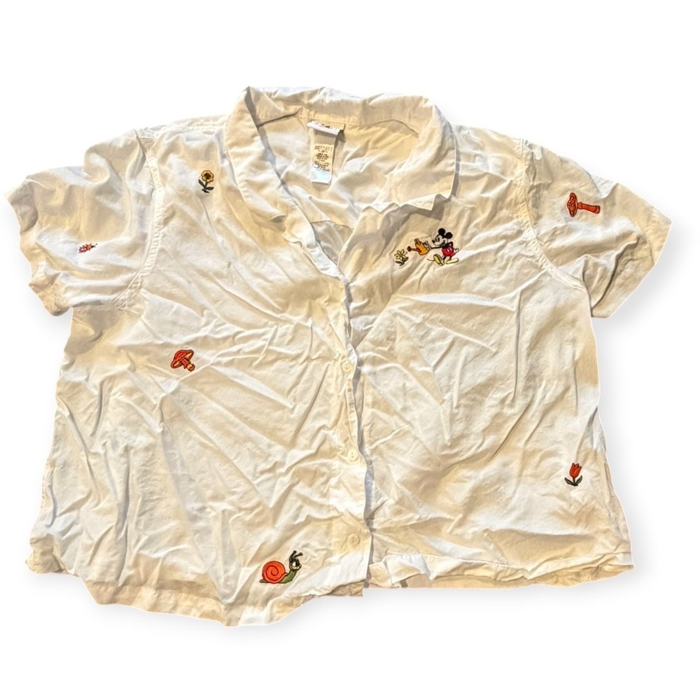 Disney Mickey & Co White Embroidered Garden Mushroom Snail Button Down Shirt 1X